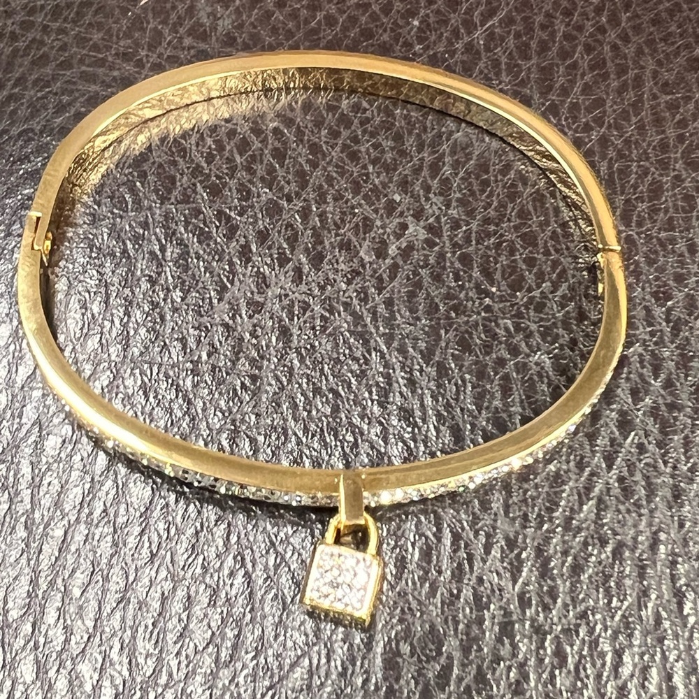 Elegant Gold Lock Charm Bangle Bracelet - Picture 3 of 9